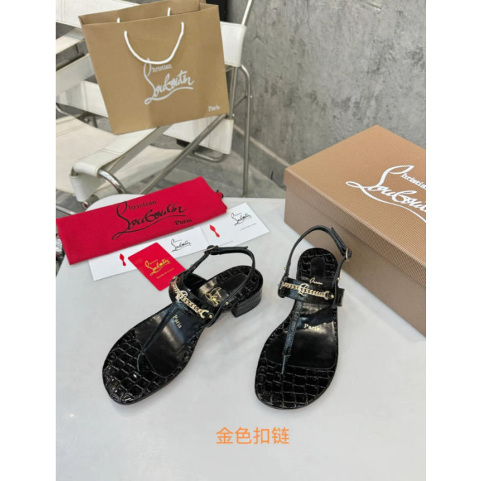 Christian Louboutin Black Croc‑embossed Leather Gold‑chain Block Heel Thong Sandal