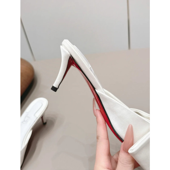 Christian Louboutin White Satin Large‑Bow Pointed‑Toe Mule Kitten Heel Sandals 55mm heel