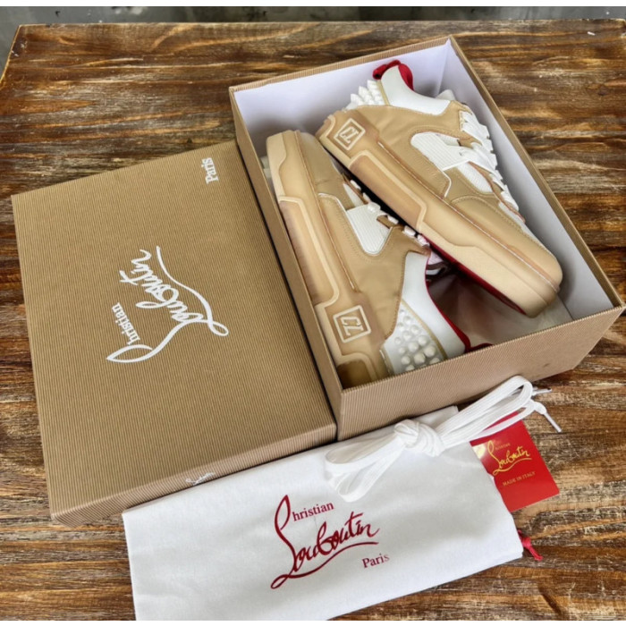 Christian Louboutin Beige White Mixed‑Media Spiked Low‑Top Sneakers