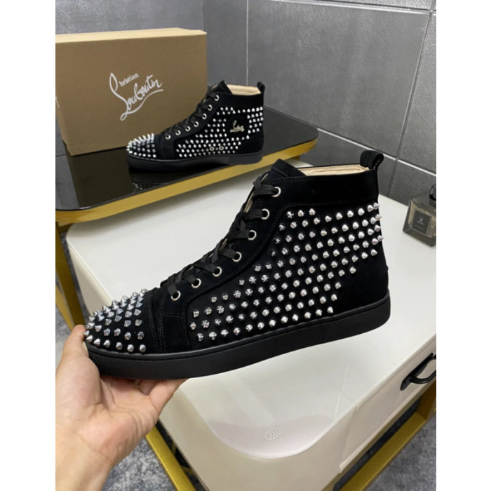 Christian Louboutin Black Suede Full Silver‑Spiked High‑Top Sneakers