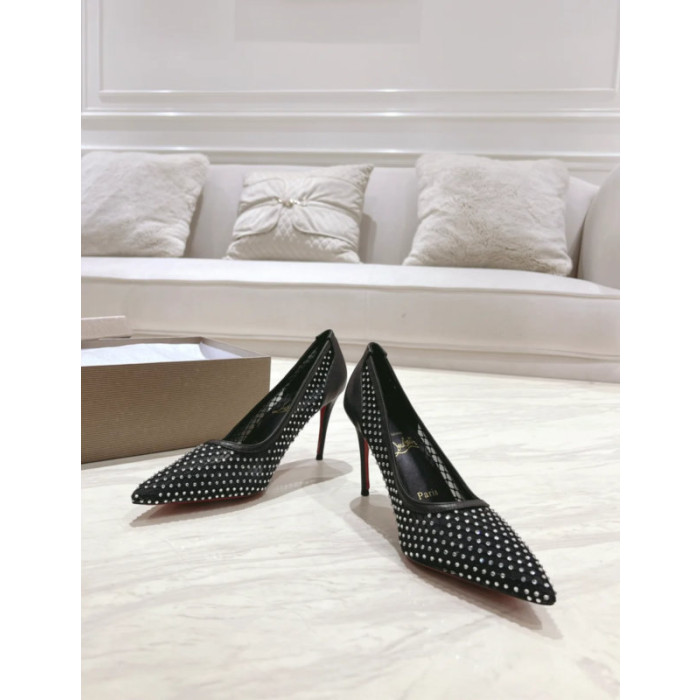 Christian Louboutin Black Mesh 80mm Apostropha Crystal‑Embellished Pointed Toe Heel Pumps