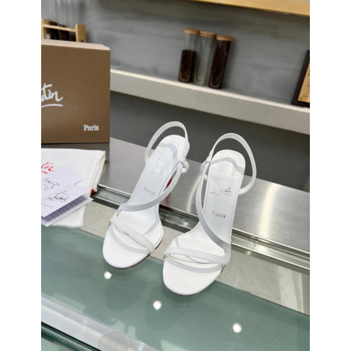 Christian Louboutin White Nappa Asymmetric Curved Strap Slingback Sandal 100mm heel
