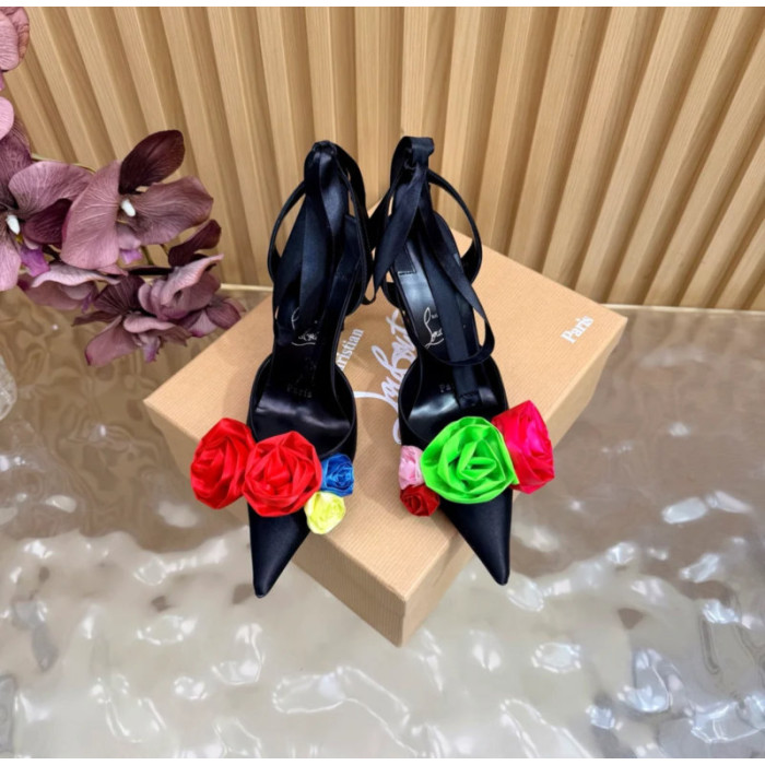 Christian Louboutin Black Satin Multicolor Fabric Flower 100mm Stiletto Heel Slingback Pumps