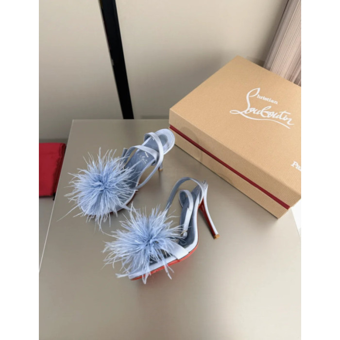 Christian Louboutin Light Blue Satin 100mm Feather Slingback Sandals