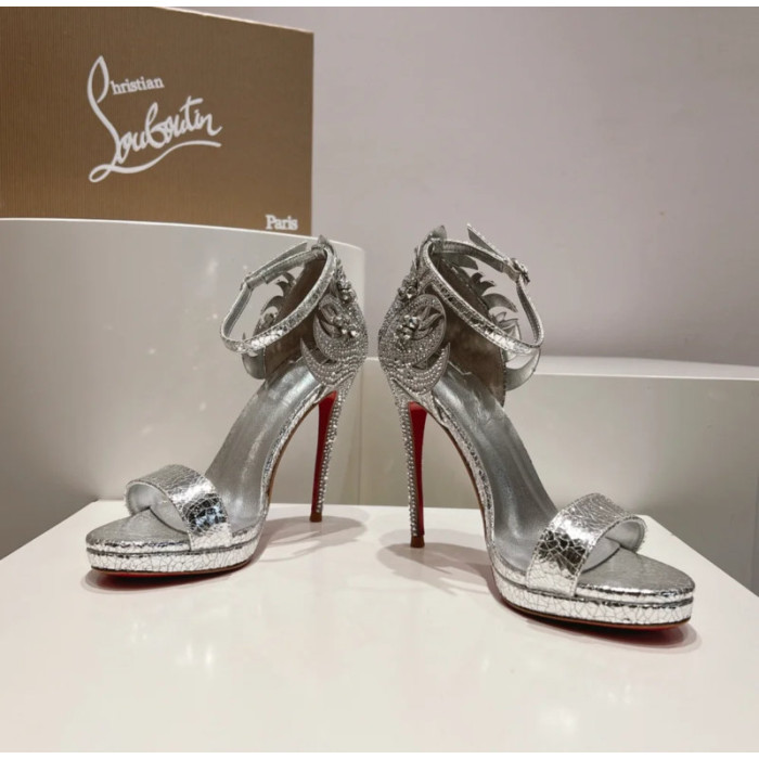 Christian Louboutin Silver Crackled Leather Crystal 120mm Platform Heel Sandals