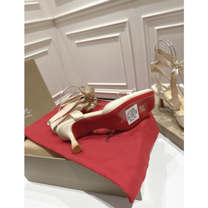 Christian Louboutin Cream Satin Ankle Wrap Bow Kitten Heel Pumps