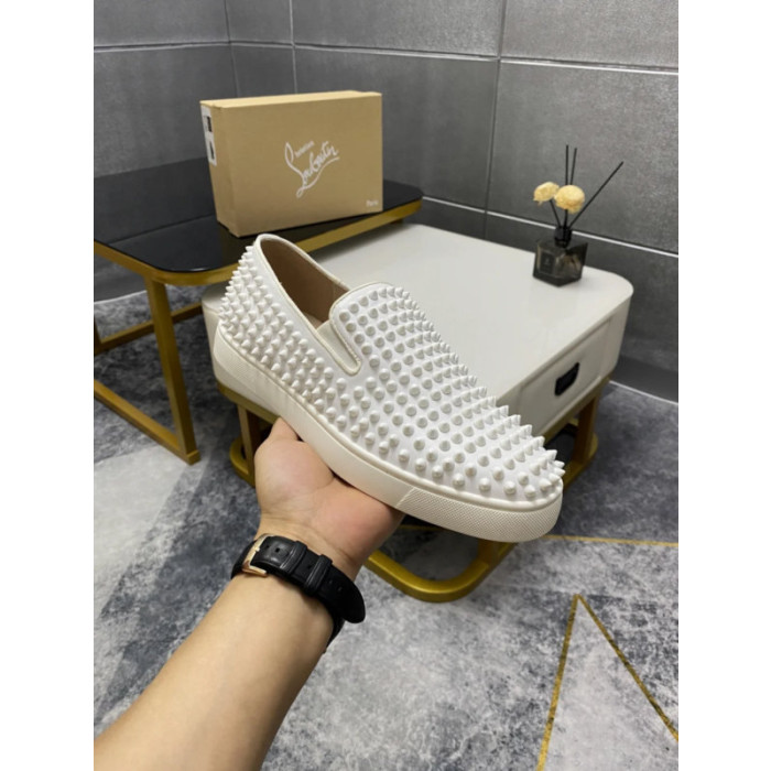 Christian Louboutin White Suede All‑Over Spiked Slip‑On Loafers