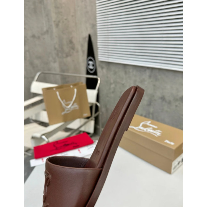 Christian Louboutin Debossed Stitched Logo Dark Brown Leather Flat Slide