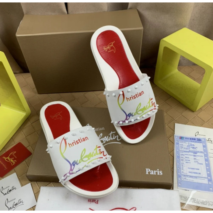 Christian Louboutin White Rainbow‑Logo Spiked Slip‑On Slide Sandals