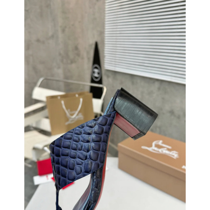 Christian Louboutin Navy Croc‑Embossed 70mm Block Heel Thong Mule Sandals