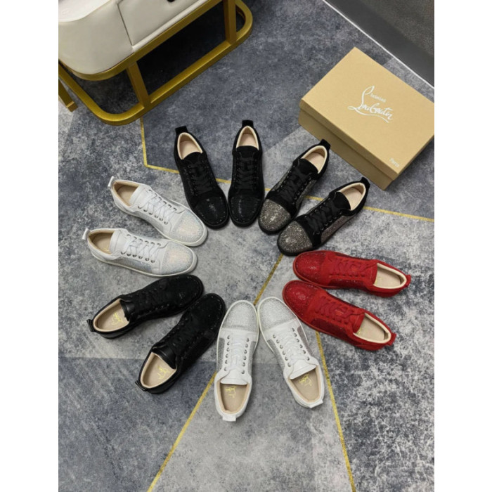 Christian Louboutin White Leather AB Crystal‑Encrusted Low‑Top Sneakers
