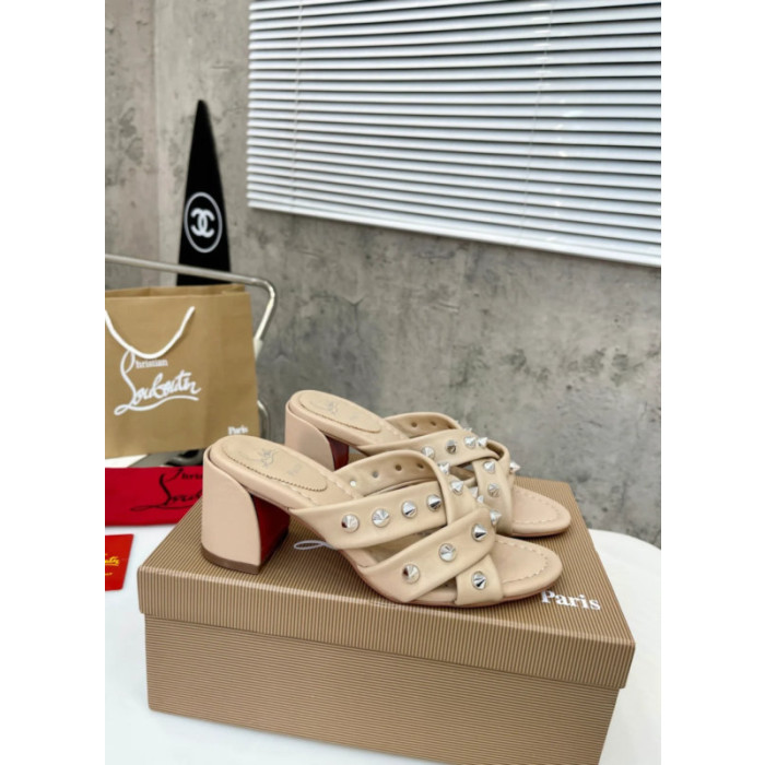 Christian Louboutin Beige Leather Studded 55mm heel Slide Sandals