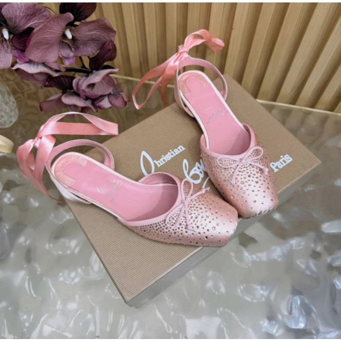 Christian Louboutin Pink Satin Crystal‑Embellished Ankle‑Tie Ballet Flats