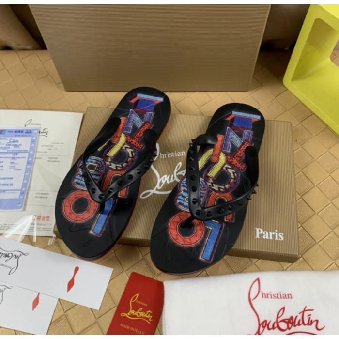Christian Louboutin Black Printed Spike‑Detail Flip‑Flop Sandals