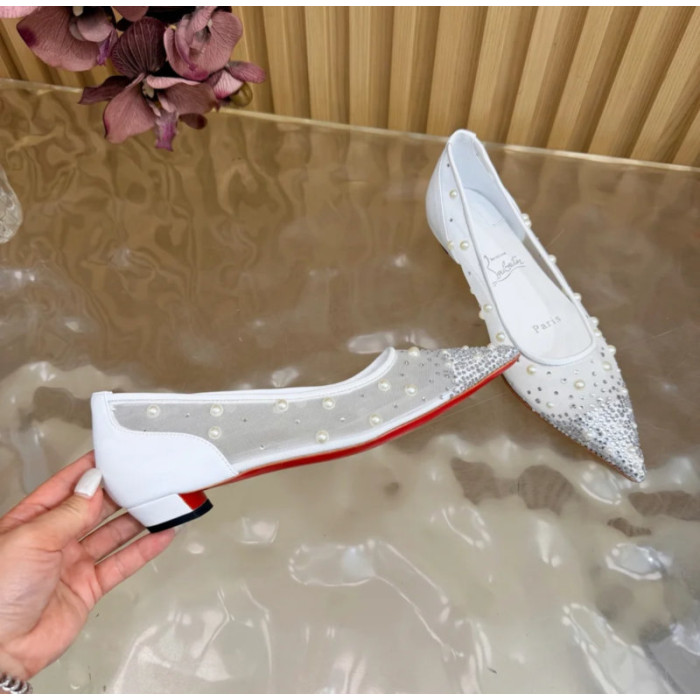 Christian Louboutin White Mesh Pearl Crystal‑Embellished Pointed‑Toe Flat Pumps