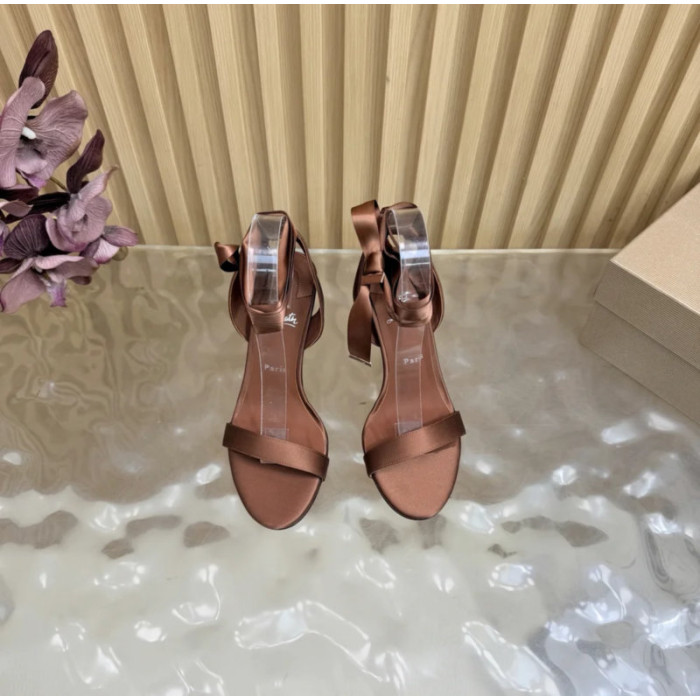 Christian Louboutin Brown Satin 100mm Ankle‑Wrap Tie Stiletto Sandals