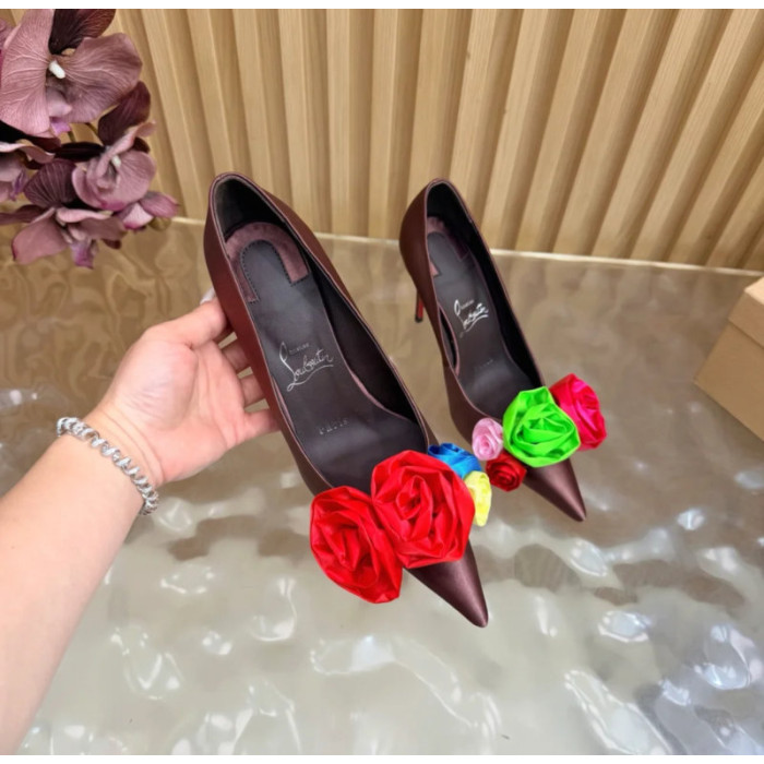 Christian Louboutin Burgundy Satin Multicolor Fabric Flower 100mm Stiletto Heel Pumps