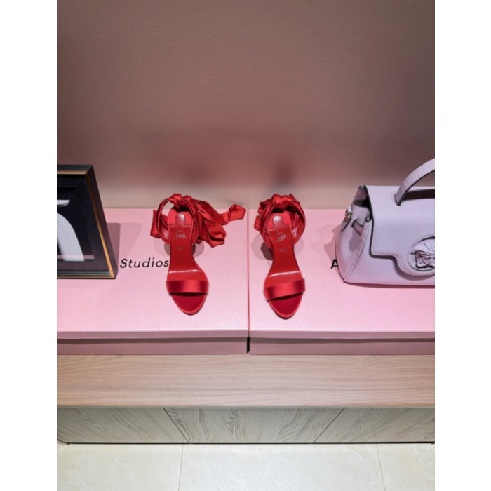 Christian Louboutin Red Satin 120mm Heel Tie‑Ankle Stiletto Sandals