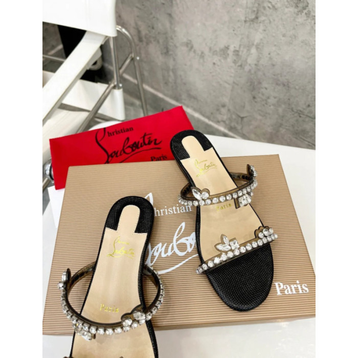 Christian Louboutin Black Crystal Embellished Flat Slide Sandal