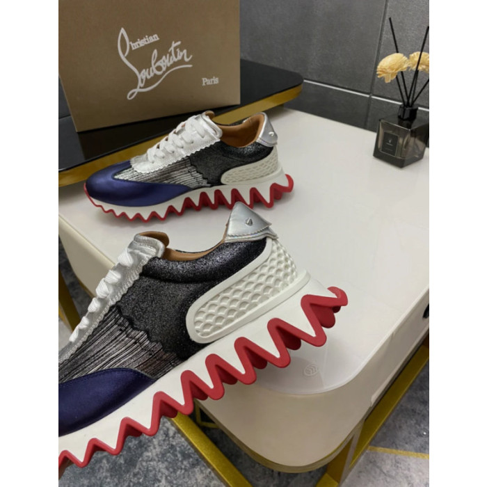 Christian Louboutin Navy‑Silver Glitter Shark Tooth Sole Low‑Top Sneakers