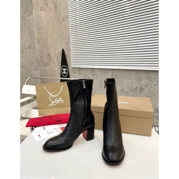 Christian Louboutin Black Stretch‑Leather Side‑Zip Block‑Heel Ankle Boots 85mm heel