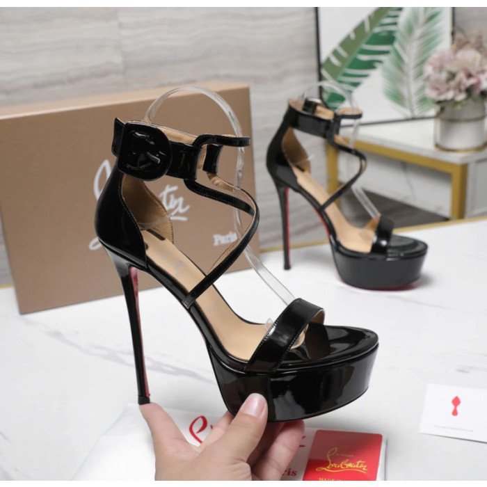 Christian Louboutin Black Patent 150mm Crisscross Ankle‑Strap Platform Heel Sandals