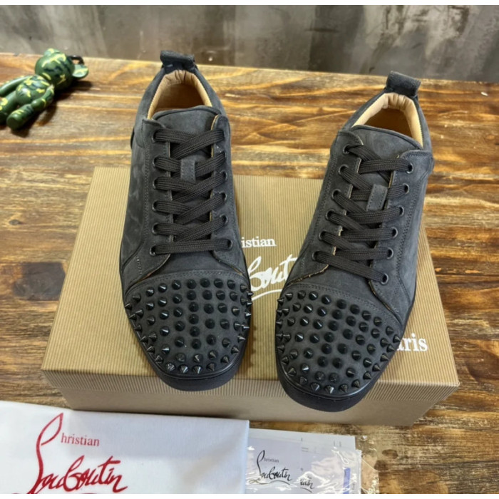 Christian Louboutin Dark Grey Suede Black‑Spiked Low‑Top Men’s Sneakers