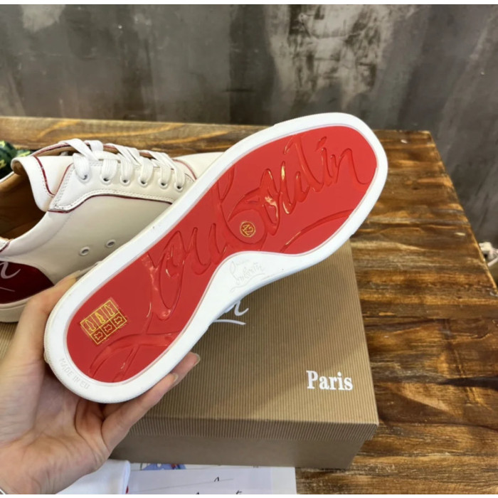 Christian Louboutin White Calf Leather Red‑Logo Low‑Top Sneakers