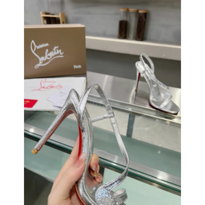 Christian Louboutin Silver Metallic Asymmetric Curved Strap Slingback Sandal 100mm heel