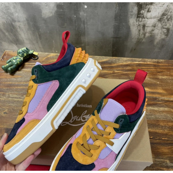 Christian Louboutin Retro Multi‑Tone Suede Mesh Spiked Chunky Low‑Top Sneakers