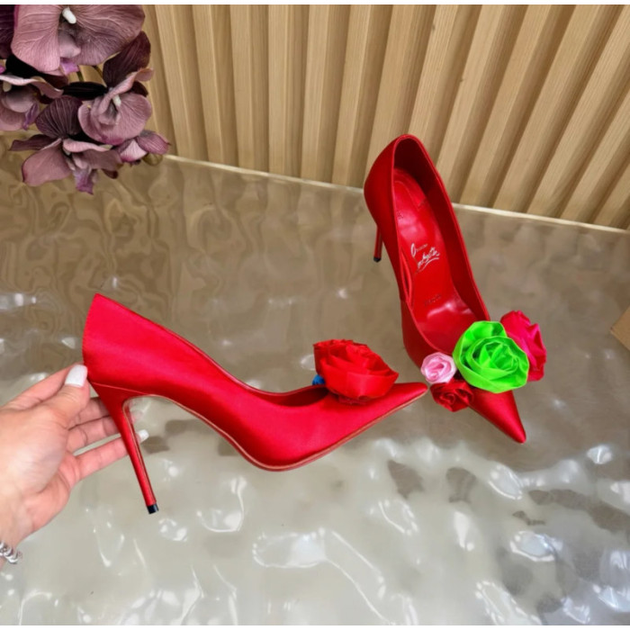 Christian Louboutin Red Satin Multicolor Fabric Flower 100mm Stiletto Heel Pumps