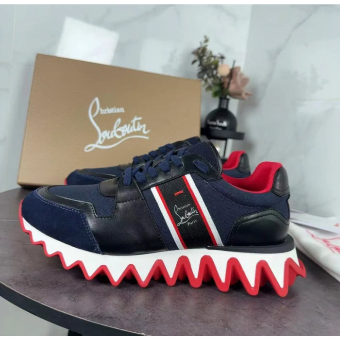 Christian Louboutin Navy‑Black Color‑Block Lace‑Up Sneakers Red Shark‑Tooth Sole