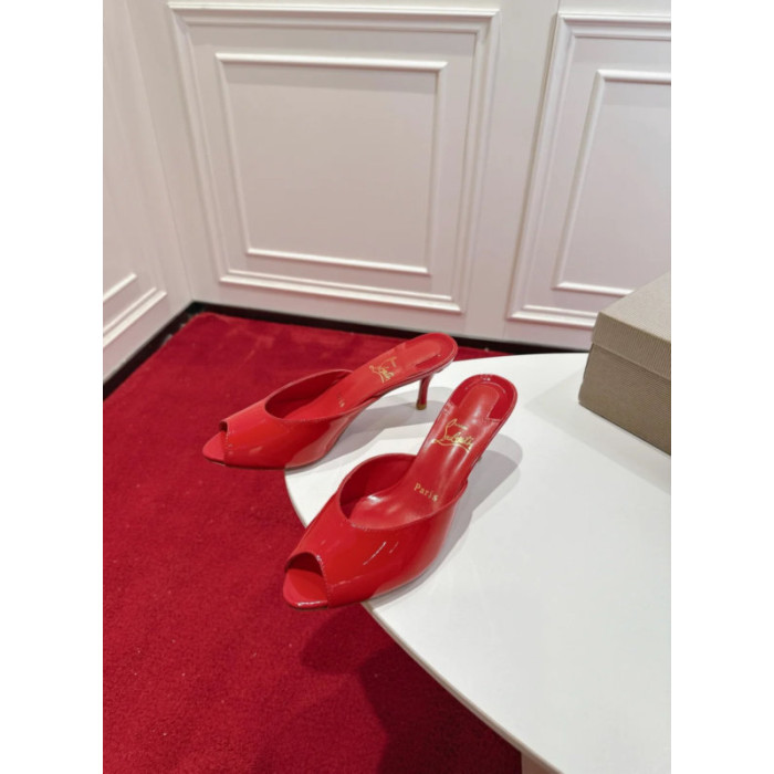 Christian Louboutin Red Patent Peep‑Toe Kitten Heel Mules