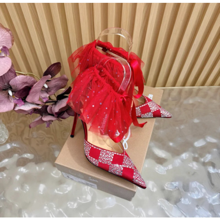 Christian Louboutin Red Satin Checkered Crystal‑Embellished 100mm Stiletto Heel Ankle‑Strap Pumps