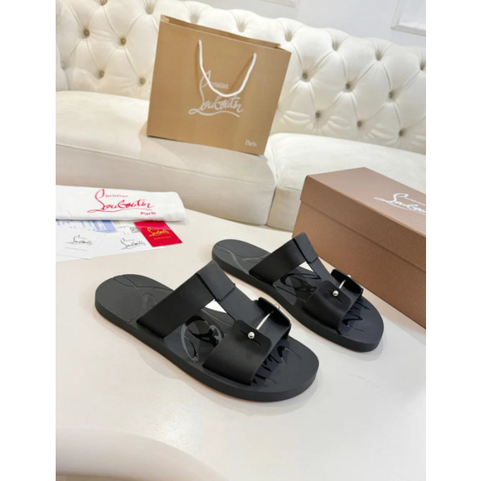 Christian Louboutin Black Rubber Double‑Buckle Slide Sandals