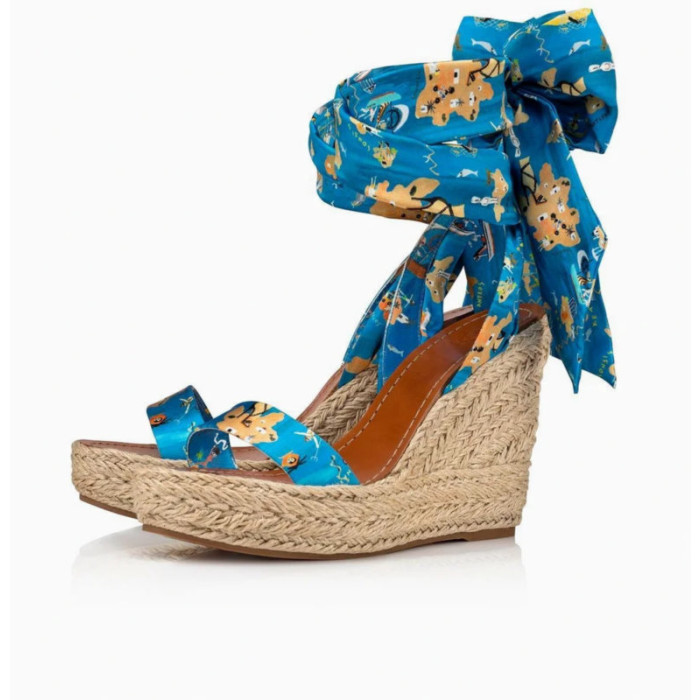 Christian Louboutin Blue Cartoon Print Fabric 120mm heel Wedge Ankle‑Wrap Espadrille Sandal
