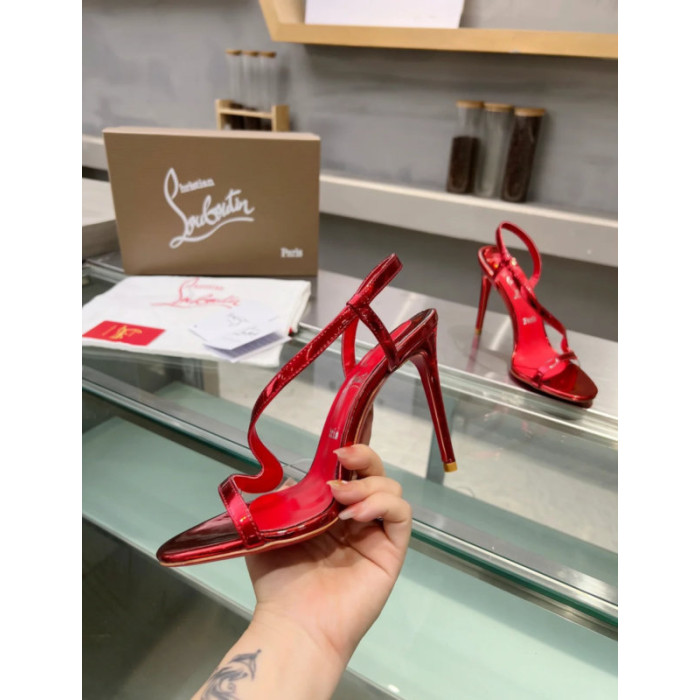 Christian Louboutin Red Patent Asymmetric Strap Slingback Sandal 100mm heel