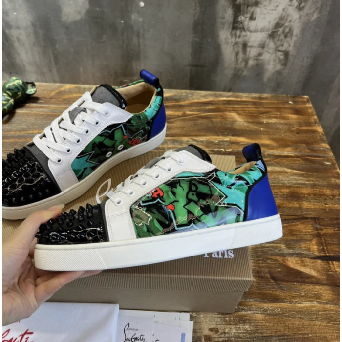 Christian Louboutin Green Graffiti‑Print Spiked‑Toe Low‑Top Lace‑Up Sneakers