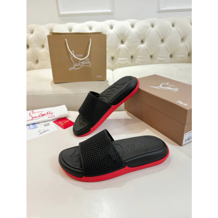 Christian Louboutin Black Mesh‑Strap Slide Sandals Red Rubber Outsole