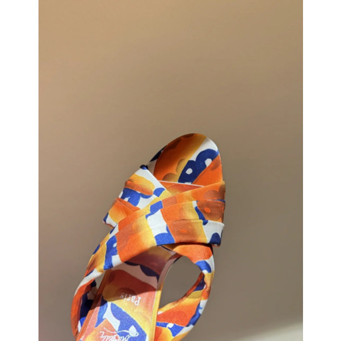 Christian Louboutin Abstract‑Print Satin 100mm heel Crisscross Mule High‑Heel Sandals