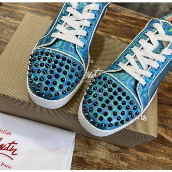 Christian Louboutin Holographic Blue Black‑Spiked Low‑Top Sneakers