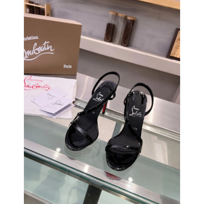 Christian Louboutin Black Patent Asymmetric Curved Strap Slingback Sandal 100mm heel