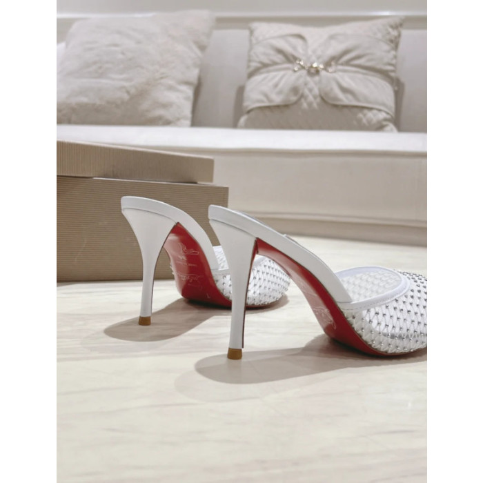 Christian Louboutin White Mesh 85mm Crystal‑Embellished Peep‑Toe Slide Stiletto Heel Mules