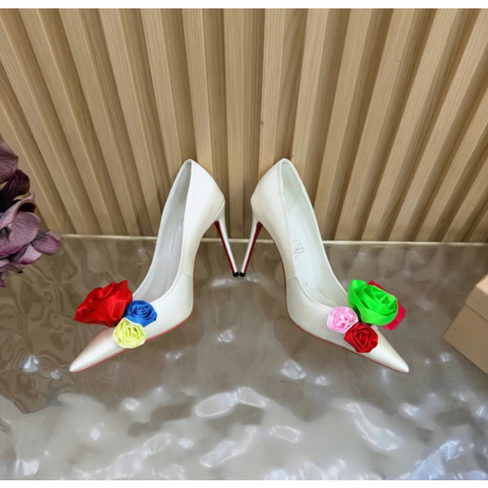 Christian Louboutin Off‑White Satin Multicolor Fabric Flower 100mm Stiletto Heel Pumps