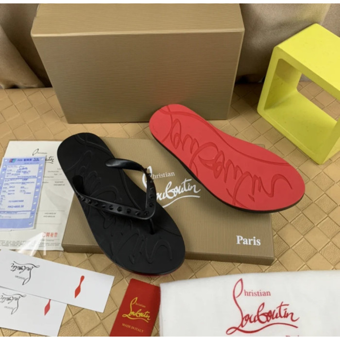 Christian Louboutin Black Embossed‑Logo Studded Flip‑Flop Sandals