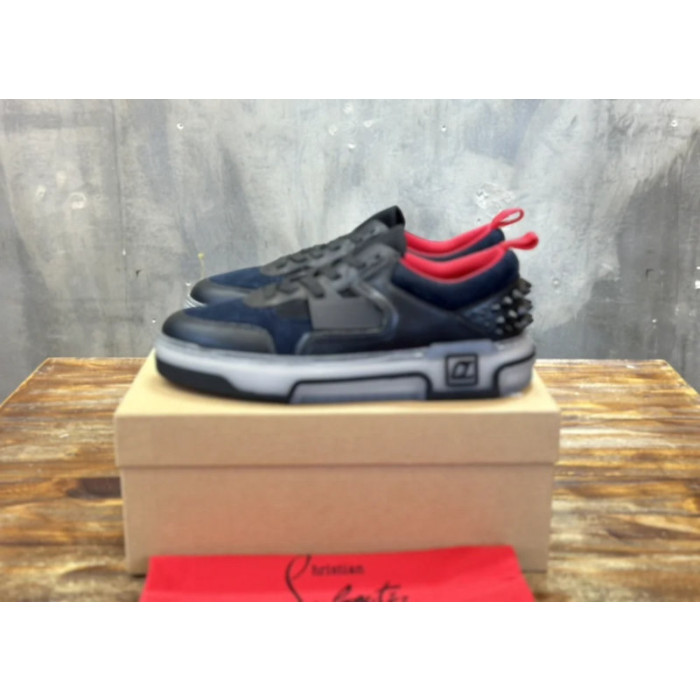 Christian Louboutin Navy‑Black Suede Mesh Spiked Platform Low‑Top Sneakers