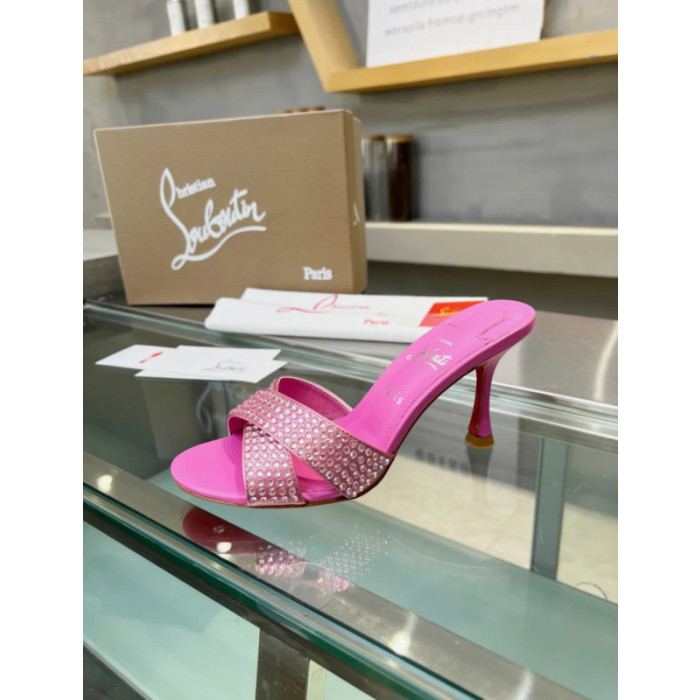 Christian Louboutin Pink Crystal Crisscross Mule Slide Sandal 100mm heel