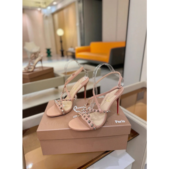 Christian Louboutin Nude Leather Studded Crisscross Slingback High Heel Sandals 100mm heel