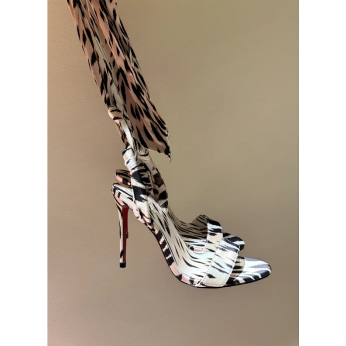 Christian Louboutin Zebra‑Print Satin 100mm Stiletto Heel Wrap‑Tie Sandals