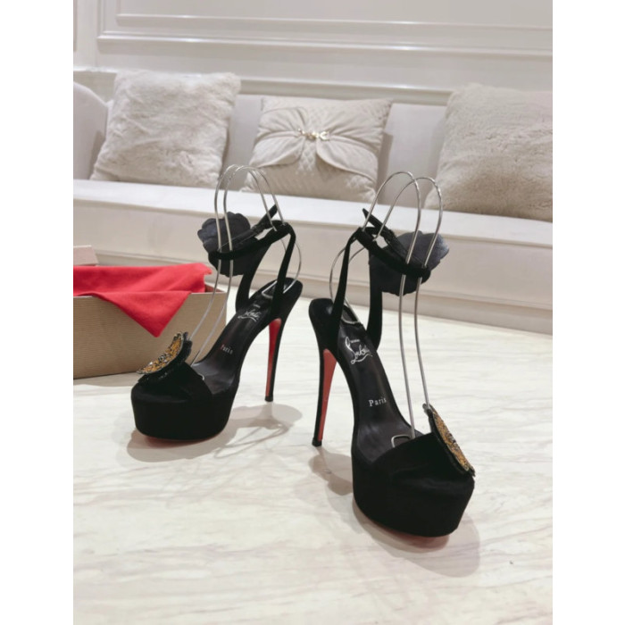 Christian Louboutin Black Satin Crystal Flower 150mm Platform Stiletto Heel Sandals